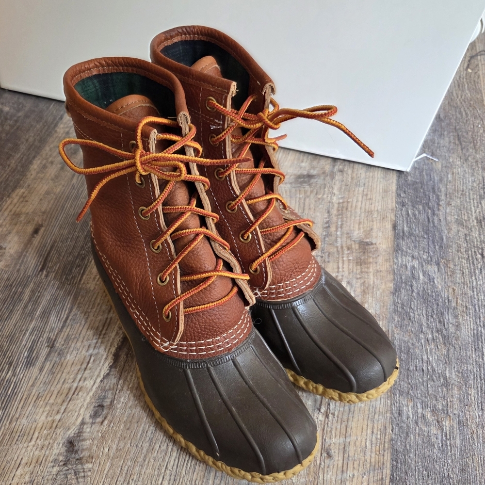 LL Bean Boots Womens Size 7 Brown USA Maine Made Flannel Plaid Lined Rain Duck